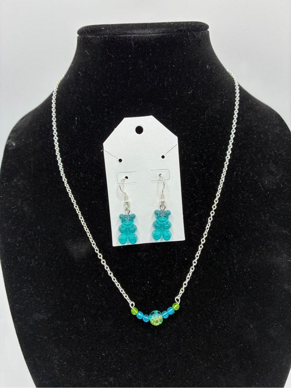 Teal Gummy Bear Drop Earrings with Teal Lime Beaded Necklace 20” - Teen Jewelry